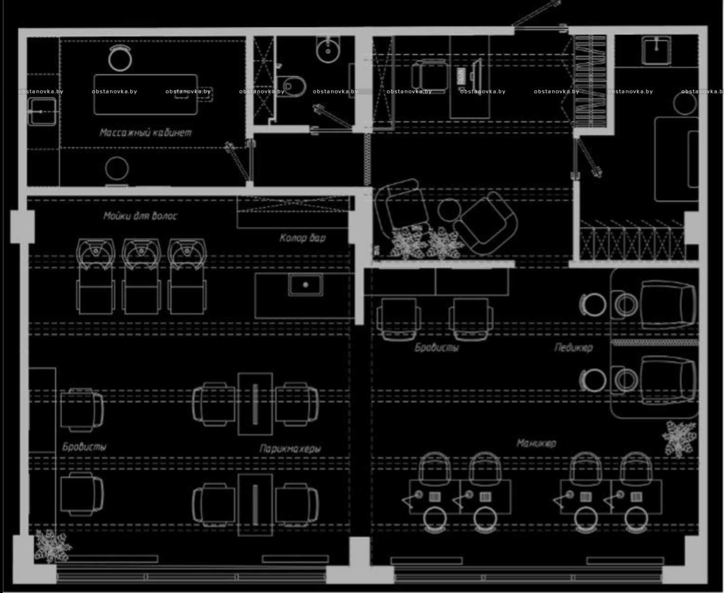 Интерьер бьюти-коворкинга «HUB 1967»